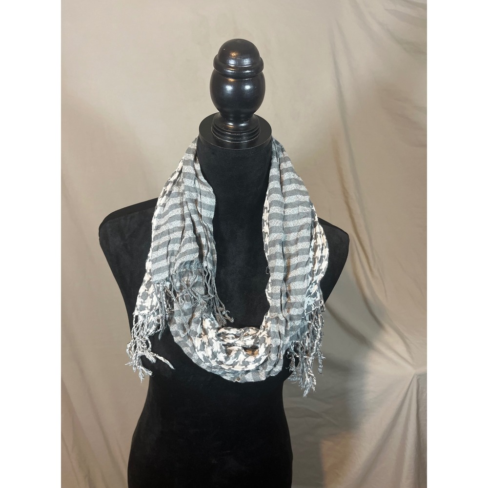 Grey White Striped Houndstooth Mixed Print Lightweight Fringe Scarf Wrap